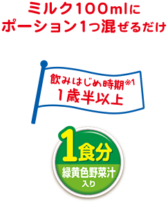 ミルク100mlにポーション1つ混ぜるだけ 飲みはじめ時期*1 1歳半以上 1食分緑黄色野菜入り