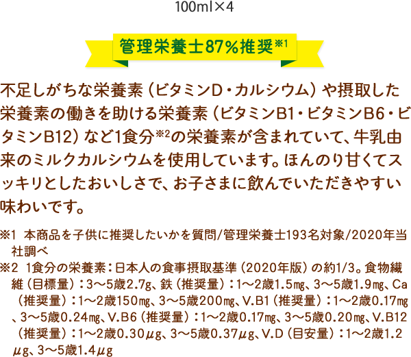 管理栄養士87%推奨※2 不足しがちな栄養素（ビタミンD・カルシウム）や摂取した栄養素の働きを助ける栄養素（ビタミンB1・ビタミンB6・ビタミンB12）など1食分の栄養素が含まれていて、牛乳由来のミルクカルシウムを使用しています。ほんのり甘くてスッキリとしたおいしさで、お子さまに飲んでいただきやすい味わいです。