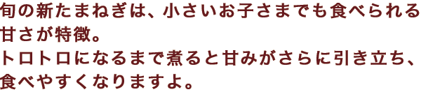 旬の新たまねぎは、小さいお子さまでも食べられる甘さが特徴。トロトロになるまで煮ると甘みがさらに引き立ち、食べやすくなりますよ。