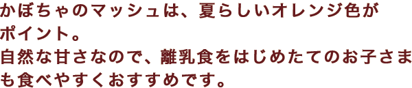 かぼちゃのマッシュは、夏らしいオレンジ色がポイント。自然な甘さなので、離乳食をはじめたてのお子さまも食べやすくおすすめです。
