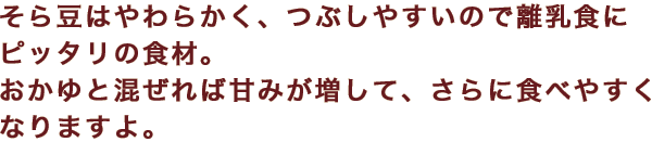 そら豆はやわらかく、つぶしやすいので離乳食にピッタリの食材。おかゆと混ぜれば甘みが増して、さらに食べやすくなりますよ。