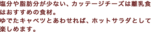 塩分や脂肪分が少ない、カッテージチーズは離乳食におすすめの食材。ゆでたキャベツとあわせれば、ホットサラダとして楽しめます。