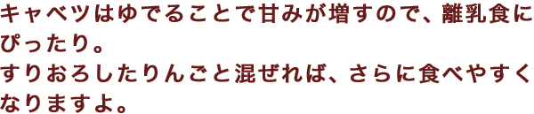 キャベツはゆでることで甘みが増すので、離乳食にぴったり。すりおろしたりんごと混ぜれば、さらに食べやすくなりますよ。